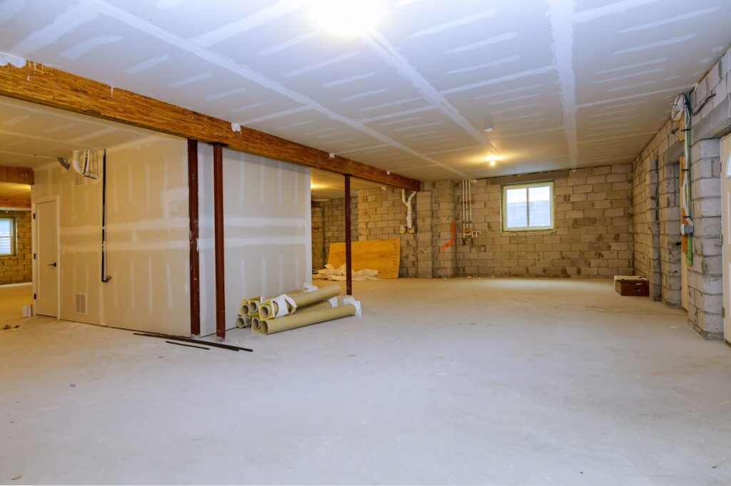 A basement room with unfinished walls and ceiling, in need of remodeling