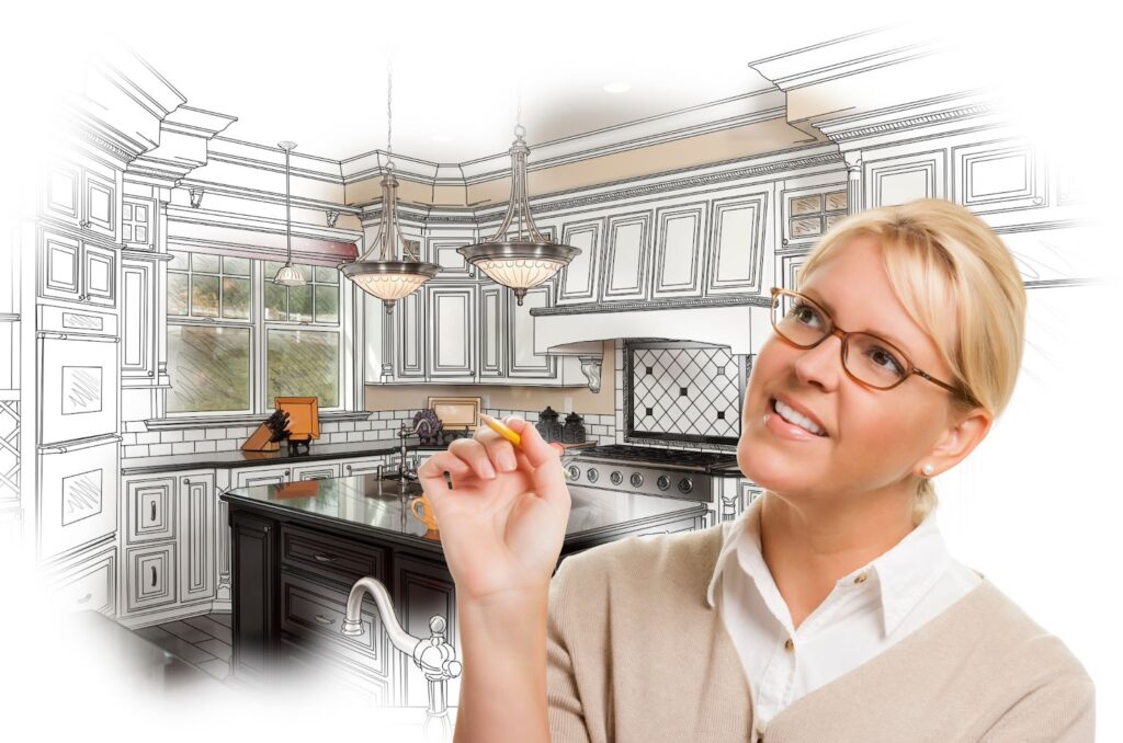 A woman sketching a kitchen design with words like Kitchen Renovation Transformation Financial Plan' in the background.