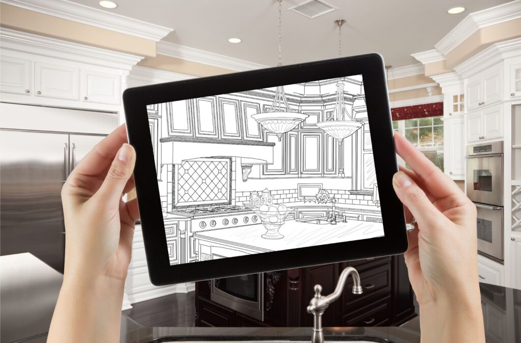 Person holding tablet with kitchen drawing for renovation project financial plan.