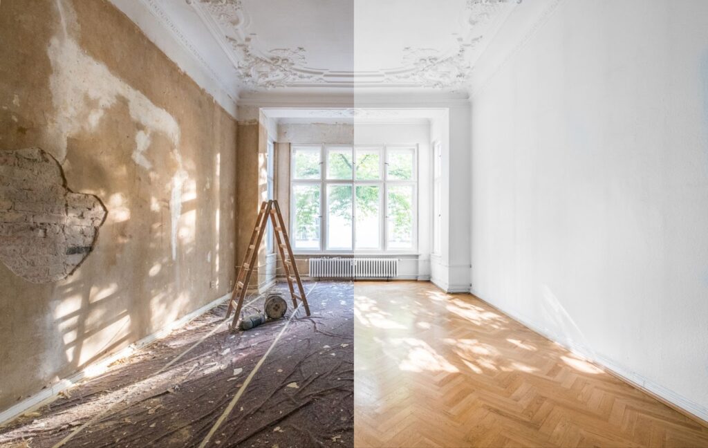 Empty room with wooden floor before and after affordable home renovations.