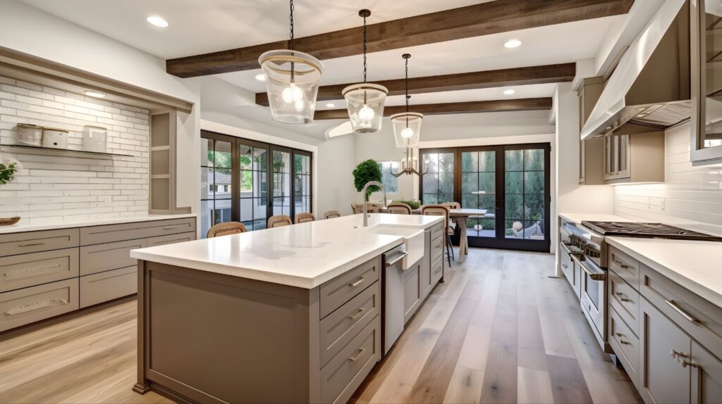 A renovated kitchen featuring a center island, wooden beams, modern cabinets, stylish flooring, and elegant countertops.