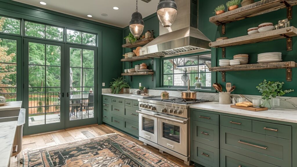 A renovated kitchen featuring green walls, wooden floors, modern cabinets, and stylish countertops.