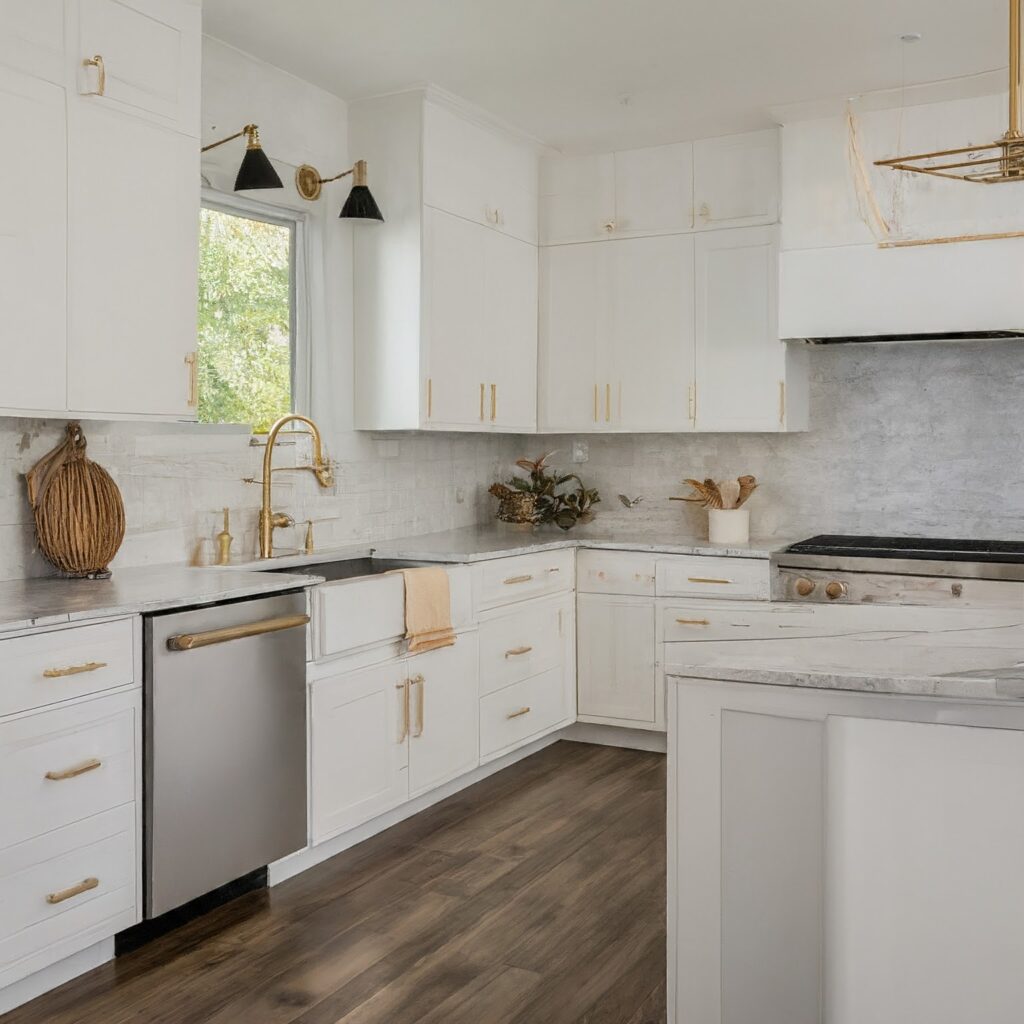 A renovated white kitchen featuring gold accents and elegant marble countertops, showcasing a modern design aesthetic.